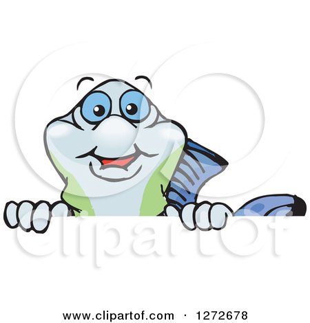Clipart of a Happy Guppy Fish Peeking over a Sign - Royalty Free Vector Illustration by Dennis Holmes Designs