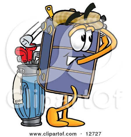 Clipart Picture of a Suitcase Cartoon Character Swinging His Golf Club While Golfing by Mascot Junction