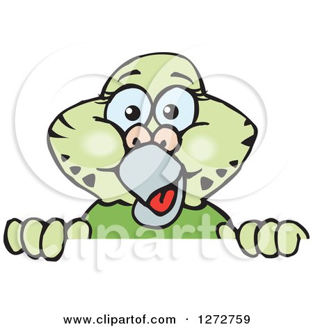 Clipart of a Happy Green Budgie Parakeet Bird Peeking over a Sign - Royalty Free Vector Illustration by Dennis Holmes Designs