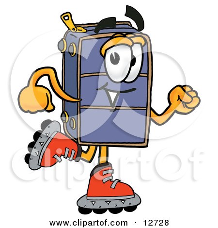 Clipart Picture of a Suitcase Cartoon Character Roller Blading on Inline Skates by Mascot Junction