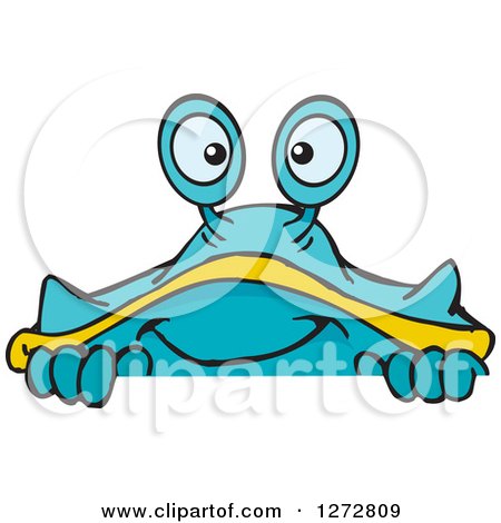 Clipart of a Happy Blue and Yellow Crab Peeking over a Sign - Royalty Free Vector Illustration by Dennis Holmes Designs