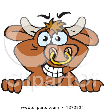 Clipart of a Happy Brown Bull Peeking over a Sign - Royalty Free Vector Illustration by Dennis Holmes Designs