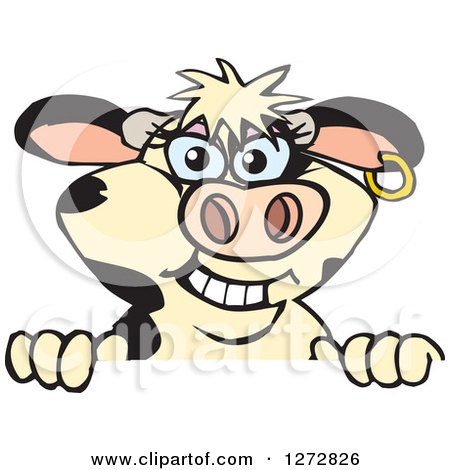 Clipart of a Happy Holstein Cow Peeking over a Sign - Royalty Free Vector Illustration by Dennis Holmes Designs