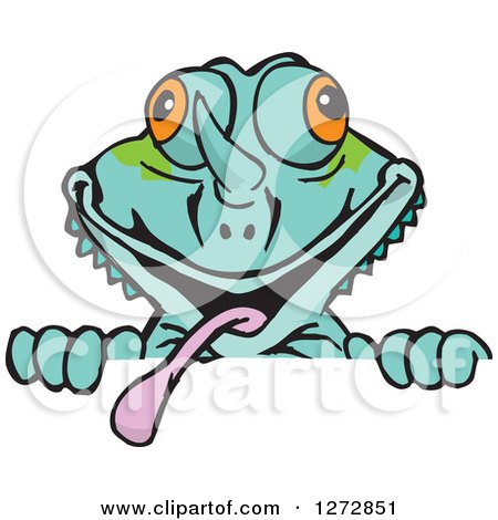 Clipart of a Happy Chameleon Lizard Peeking over a Sign - Royalty Free Vector Illustration by Dennis Holmes Designs