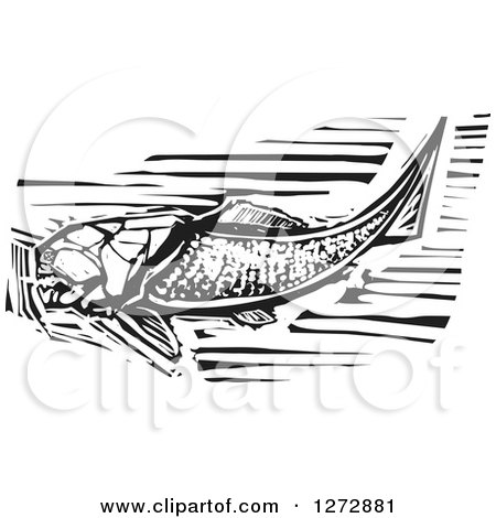 Clipart of a Black and White Woodcut Dunkleosteus Prehistoric Fish Skeleton - Royalty Free Vector Illustration by xunantunich