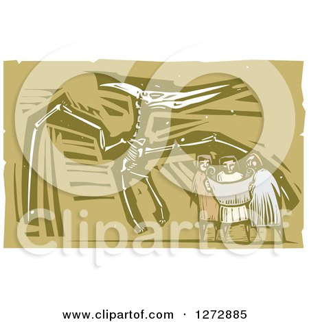 Clipart of Woodcut People Looking at a Map in Front of a Museum Pterosaurs Skeleton - Royalty Free Vector Illustration by xunantunich