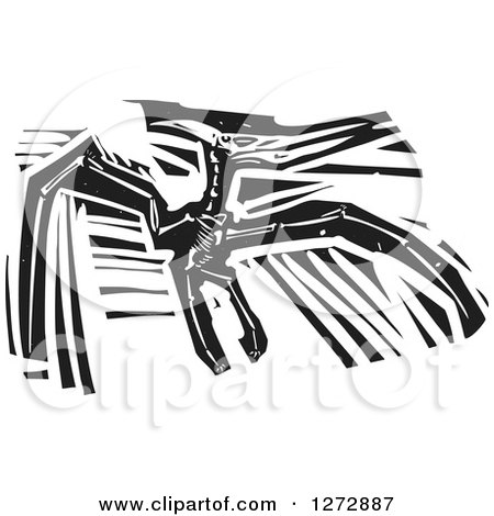 Clipart of a Black and White Woodcut Pterosaurs Skeleton - Royalty Free Vector Illustration by xunantunich