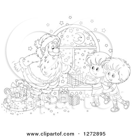 Clipart of a Black and White Santa Giving Gifts to Children on Christmas Eve - Royalty Free Vector Illustration by Alex Bannykh