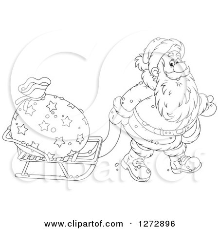 Clipart of Black and White Santa Pulling a Sack on a Sled on Christmas Eve - Royalty Free Vector Illustration by Alex Bannykh
