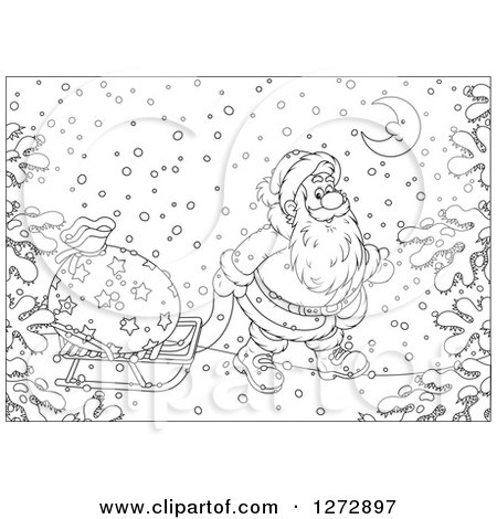 Clipart of Black and White Santa Pulling a Sack on a Sled Through the Snow on Christmas Eve - Royalty Free Vector Illustration by Alex Bannykh