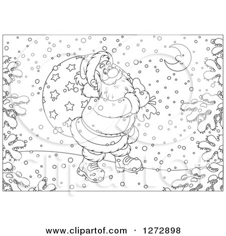 Clipart of Black and White Santa Claus Carrying a Sack Through the Snow on Christmas Eve - Royalty Free Vector Illustration by Alex Bannykh