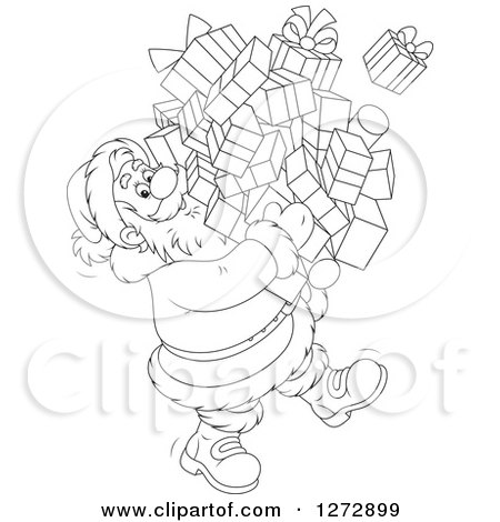 Clipart of a Black and White Santa Claus Carrying a Huge Pile of Christmas Gifts - Royalty Free Vector Illustration by Alex Bannykh