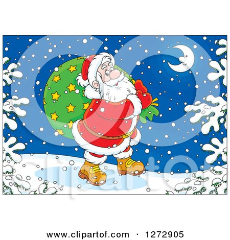 Clipart of Santa Carrying a Sack Through the Snow on Christmas Eve - Royalty Free Vector Illustration by Alex Bannykh