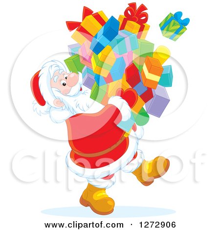 Clipart of a Santa Claus Carrying a Huge Pile of Christmas Gifts - Royalty Free Vector Illustration by Alex Bannykh