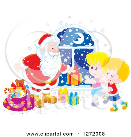 Clipart of a Santa Giving Gifts to Children on Christmas Eve - Royalty Free Vector Illustration by Alex Bannykh