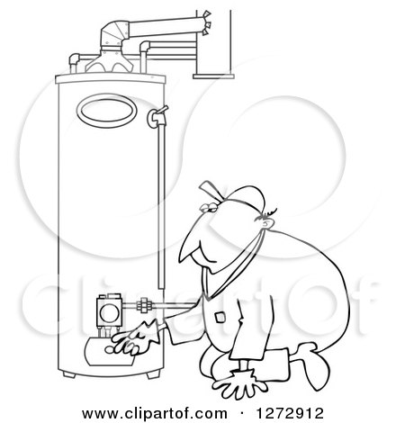 Clipart of a Black and White Worker Man Kneeling and Checking a Water Heater - Royalty Free Vector Illustration by djart