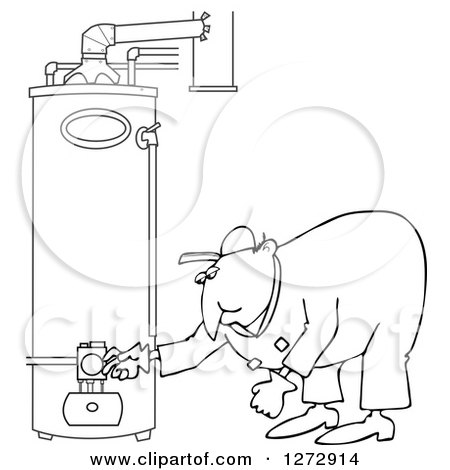 Clipart of a Black and White Worker Man Bending over and Checking a Water Heater - Royalty Free Vector Illustration by djart