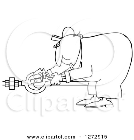 Clipart of a Black and White Worker Man Plumber Bending over and Turning a Valve - Royalty Free Vector Illustration by djart