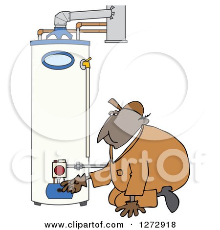 Clipart of a Black Worker Man Kneeling and Checking a Water Heater - Royalty Free Vector Illustration by djart