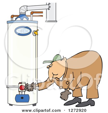 Clipart of a White Worker Man Bending over and Checking a Water Heater - Royalty Free Vector Illustration by djart