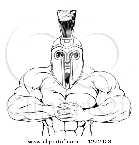 Clipart of a Black and White Tough Muscular Spartan Warrior Man Gesturing Bring It with His Fists - Royalty Free Vector Illustration by AtStockIllustration