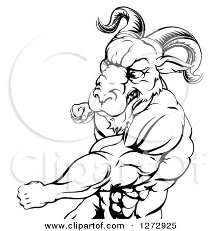Clipart of a Black and White Mad Muscular Ram Man Punching - Royalty Free Vector Illustration by AtStockIllustration