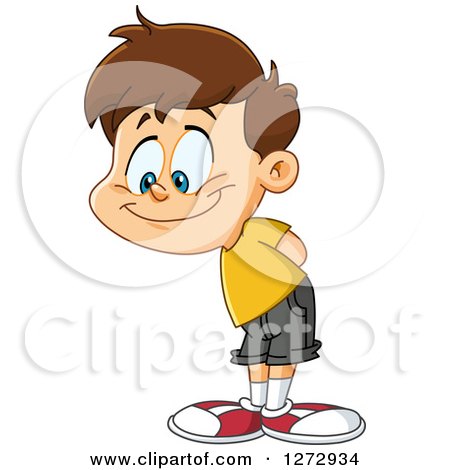 Clipart of a Happy Brunette Caucasian Boy Looking down - Royalty Free Vector Illustration by yayayoyo