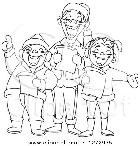 Clipart of Black and White Line Art Family Singing Christmas Carols - Royalty Free Vector Illustration by yayayoyo