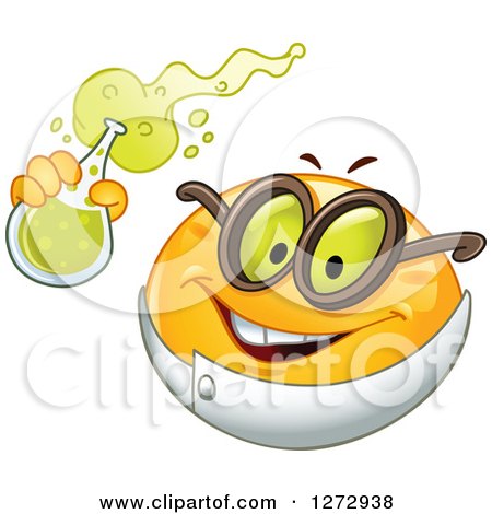 Clipart of a Scientist Smiley Emoticon Holding up a Flask - Royalty Free Vector Illustration by yayayoyo