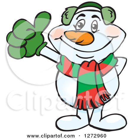 Clipart of a Happy Snowman in a Scarf and Ear Muffs, Giving a Thumb up - Royalty Free Vector Illustration by Dennis Holmes Designs