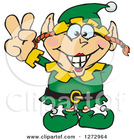 Clipart of a Happy Female Christmas Elf Gesturing Peace - Royalty Free Vector Illustration by Dennis Holmes Designs