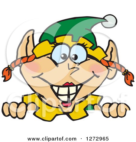 Clipart of a Happy Female Christmas Elf Peeking over a Sign - Royalty Free Vector Illustration by Dennis Holmes Designs