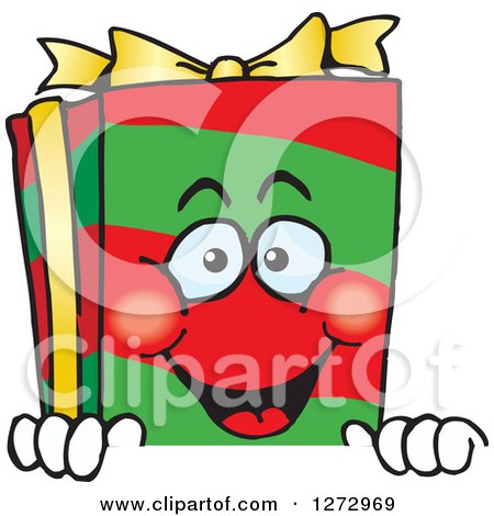 Clipart of a Happy Christmas Gift Character Peeking over a Sign - Royalty Free Vector Illustration by Dennis Holmes Designs