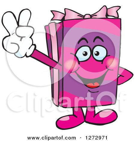 Clipart of a Happy Pink Gift Character Gesturing Peace - Royalty Free Vector Illustration by Dennis Holmes Designs