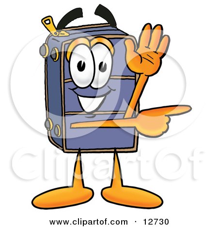 Clipart Picture of a Suitcase Cartoon Character Waving and Pointing by Mascot Junction