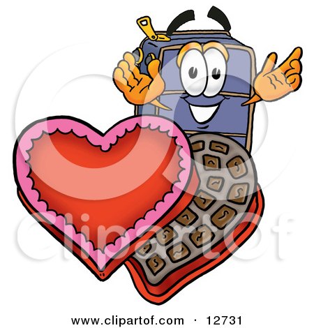 Clipart Picture of a Suitcase Cartoon Character With an Open Box of Valentines Day Chocolate Candies by Mascot Junction