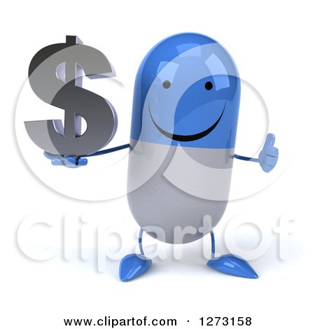 Clipart of a 3d Happy Blue and White Pill Character Holding a Thumb up and Dollar Symbol - Royalty Free Illustration by Julos