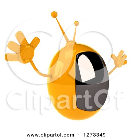 Clipart of a 3d Retro Yellow TV Facing Right and Jumping - Royalty Free