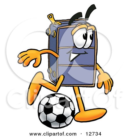 Clipart Picture of a Suitcase Cartoon Character Kicking a Soccer Ball by Mascot Junction