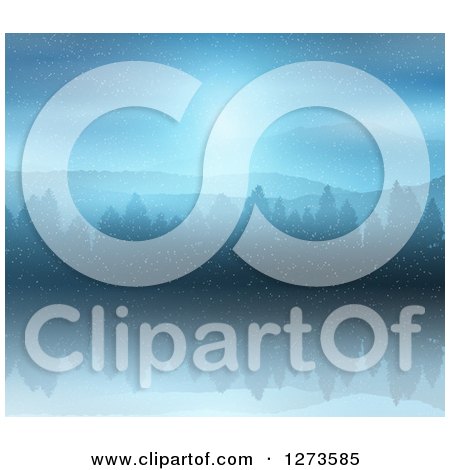 Clipart of a Blue Winter Landscape with a Still Lake, Trees and Hills on a Snowy Night - Royalty Free Vector Illustration by KJ Pargeter