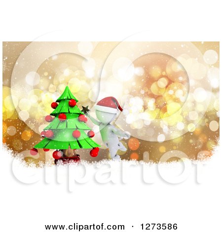 Clipart of a 3d White Man Decorating a Christmas Tree over Bokeh and Snow - Royalty Free Illustration by KJ Pargeter