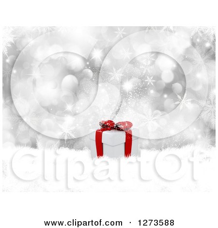 Clipart of a 3d Christmas Gift in Snow over Silver Bokeh and Snowflakes - Royalty Free Illustration by KJ Pargeter