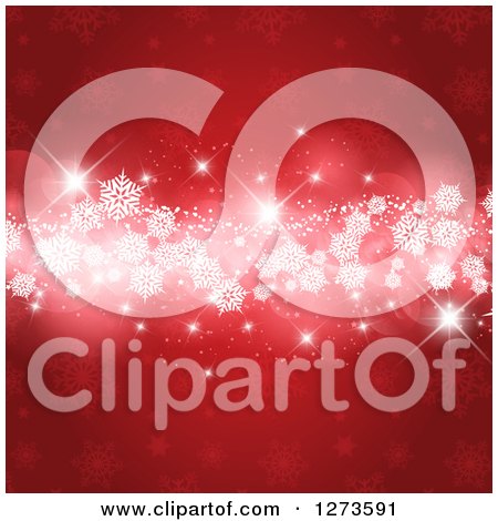 Clipart of a Red Christmas Snowflake Background with Stars and a White Glowing Strip - Royalty Free Vector Illustration by KJ Pargeter