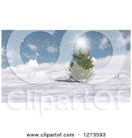 Clipart of a 3d Evergreen Tree in a Snowy Mountain Landscape on a Sunny Day - Royalty Free Illustration by KJ Pargeter