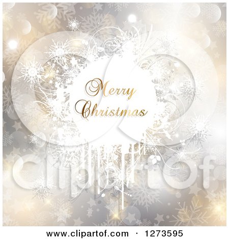 Clipart of a Merry Christmas Greeting in a Grungy Splatter over Bokeh and Snowflakes - Royalty Free Vector Illustration by KJ Pargeter