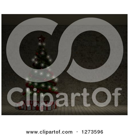 Clipart of a 3d Christmas Tree with Lights and Gifts in a Dark Empty Room - Royalty Free Illustration by KJ Pargeter