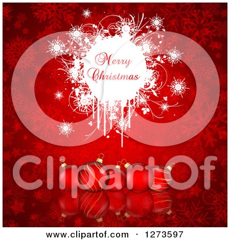 Clipart of a Merry Christmas Greeting on White Grunge over 3d Red Baubles and Snowflakes - Royalty Free Vector Illustration by KJ Pargeter