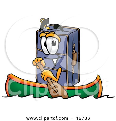 Clipart Picture of a Suitcase Cartoon Character Rowing a Boat by Mascot Junction