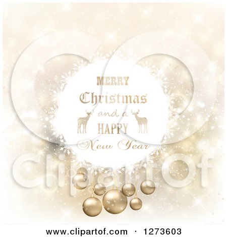 Clipart of a Merry Christmas and a Happy New Year Greeting with Reindeer in a White Ball over Gold - Royalty Free Vector Illustration by KJ Pargeter