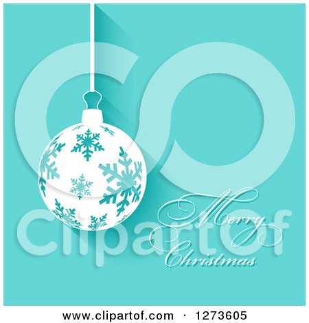 Clipart of a Merry Christmas Greeting and Suspended Snowflake Bauble Ornament on Blue - Royalty Free Vector Illustration by KJ Pargeter